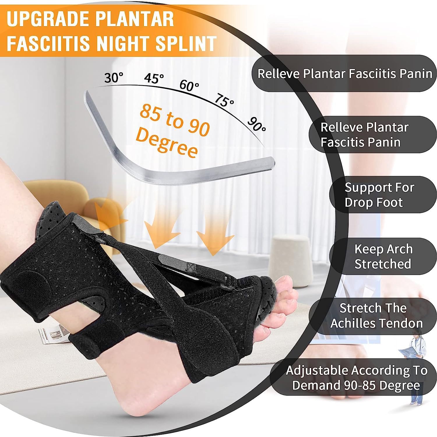 Férula Nocturna para Fascitis Plantar, Órtesis De Pie Ajustable De 30°-90°, Adecuada para Tendinitis del Talón, Dolor De Tobillo Y Pie, Inmoviliza Los Tobillos para Prevenir Esguinces