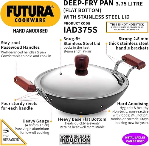 Miniatura 9 de Futura freidora con anodizado duro (Kadhai) con tapa de acero y parte inferior plana, Negro