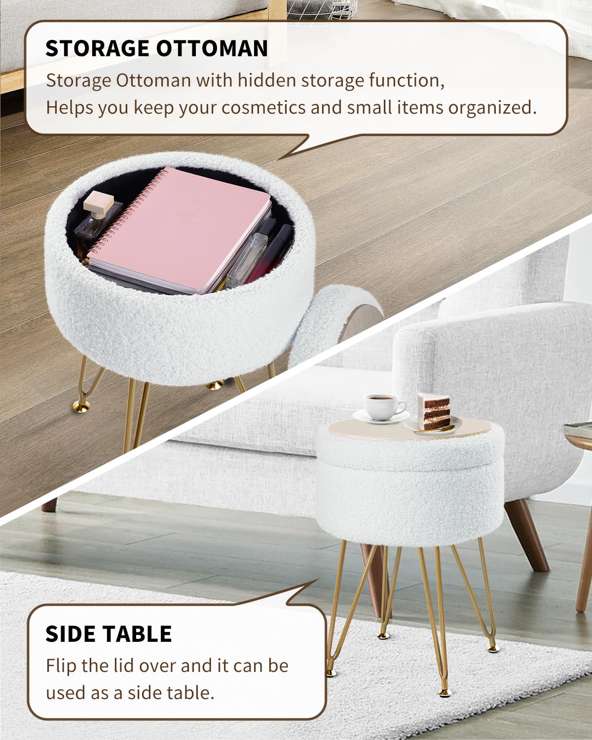 ABHENG Rotondo Pouf Contenitore, Sgabello da trucco in pelliccia di teddy artificiale con spazio di archiviazione, Pouf sgabello da divano, 4 Gambe in Metallo, 32x32x44 cm, Bianco Crema, ASND51W