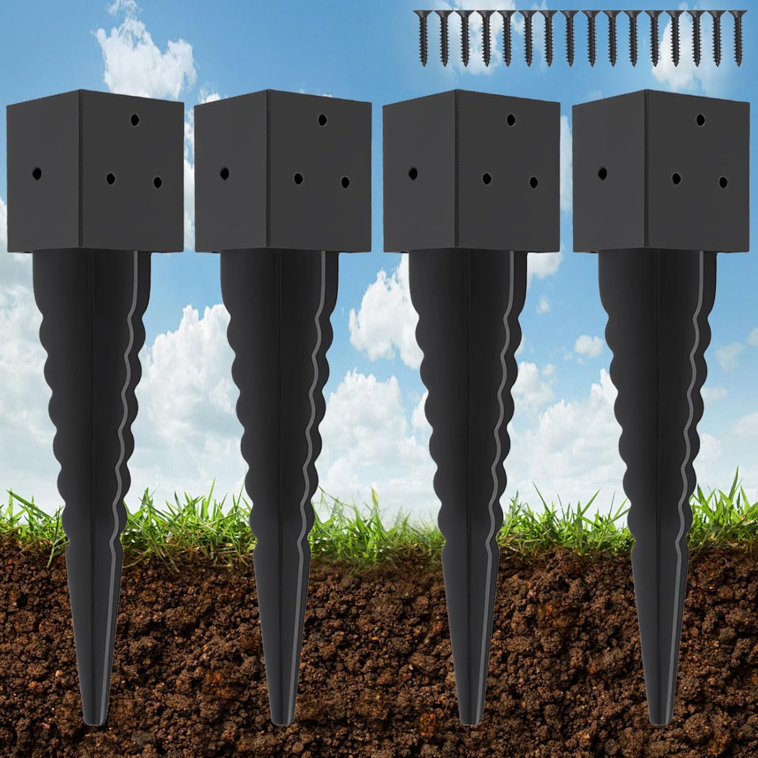 4 Pcs 16" 4x4 Fence Post Anchor Ground Spike (Actual:3.6"x3.6"), 4x4 Post Spike Black,Mailbox Post Anchor for Fences, Mailboxes,Pergolas,Patios,Birdhouses,Road Signs