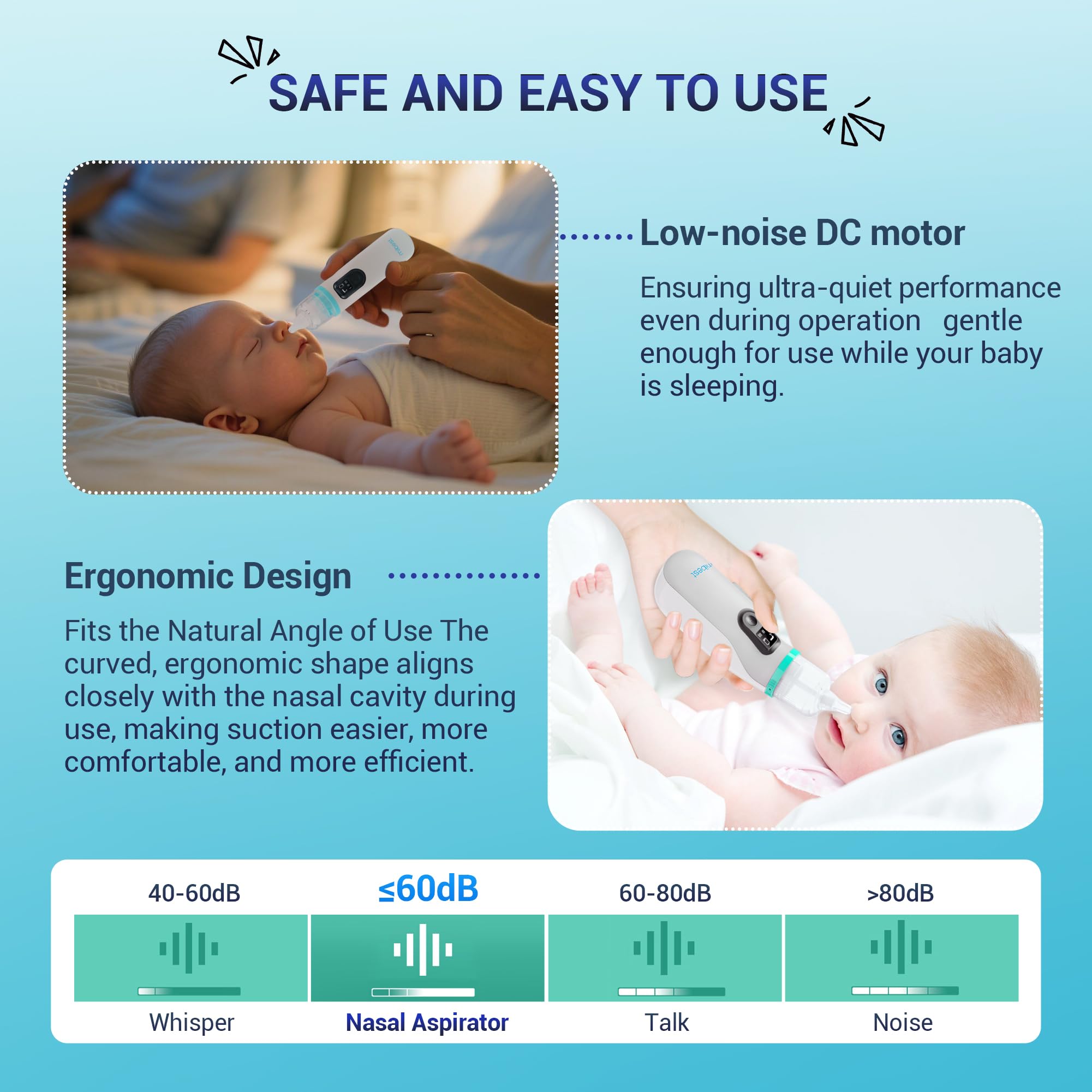 Mibest Aspiradores nasales para bebés, limpiador eléctrico de nariz con 3 niveles de succión, 4 puntas de silicona, recargable por USB, ventosa silenciosa y segura para recién nacidos, bebés y niños