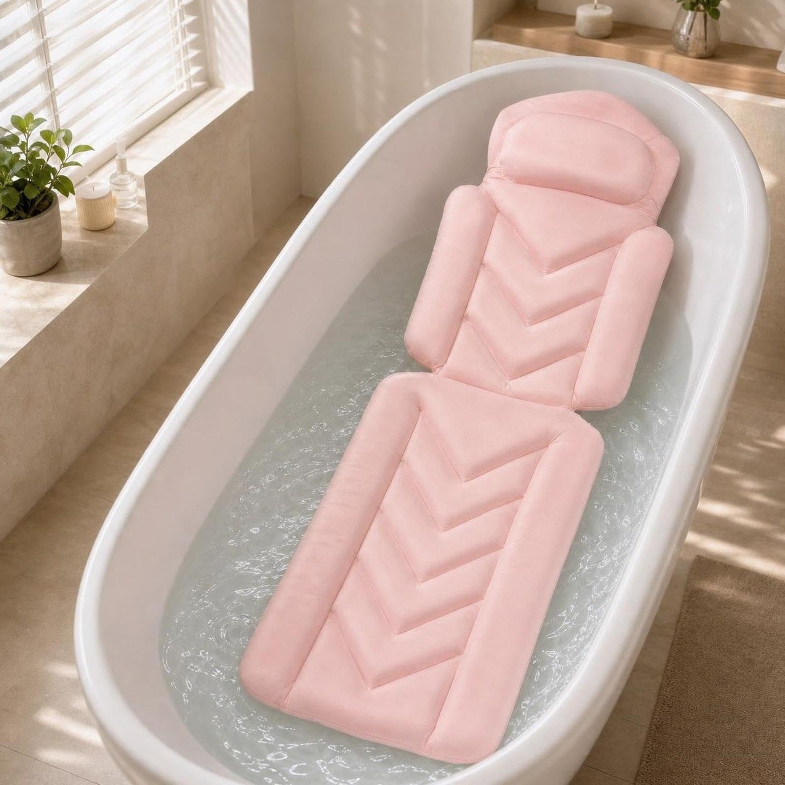 Tapis de Baignoire Antidérapant Adulte Coussin Intégré Respirante Polyester Ventouses Fixation Stable Lavable Confort Accessoires Baignoire, Rose