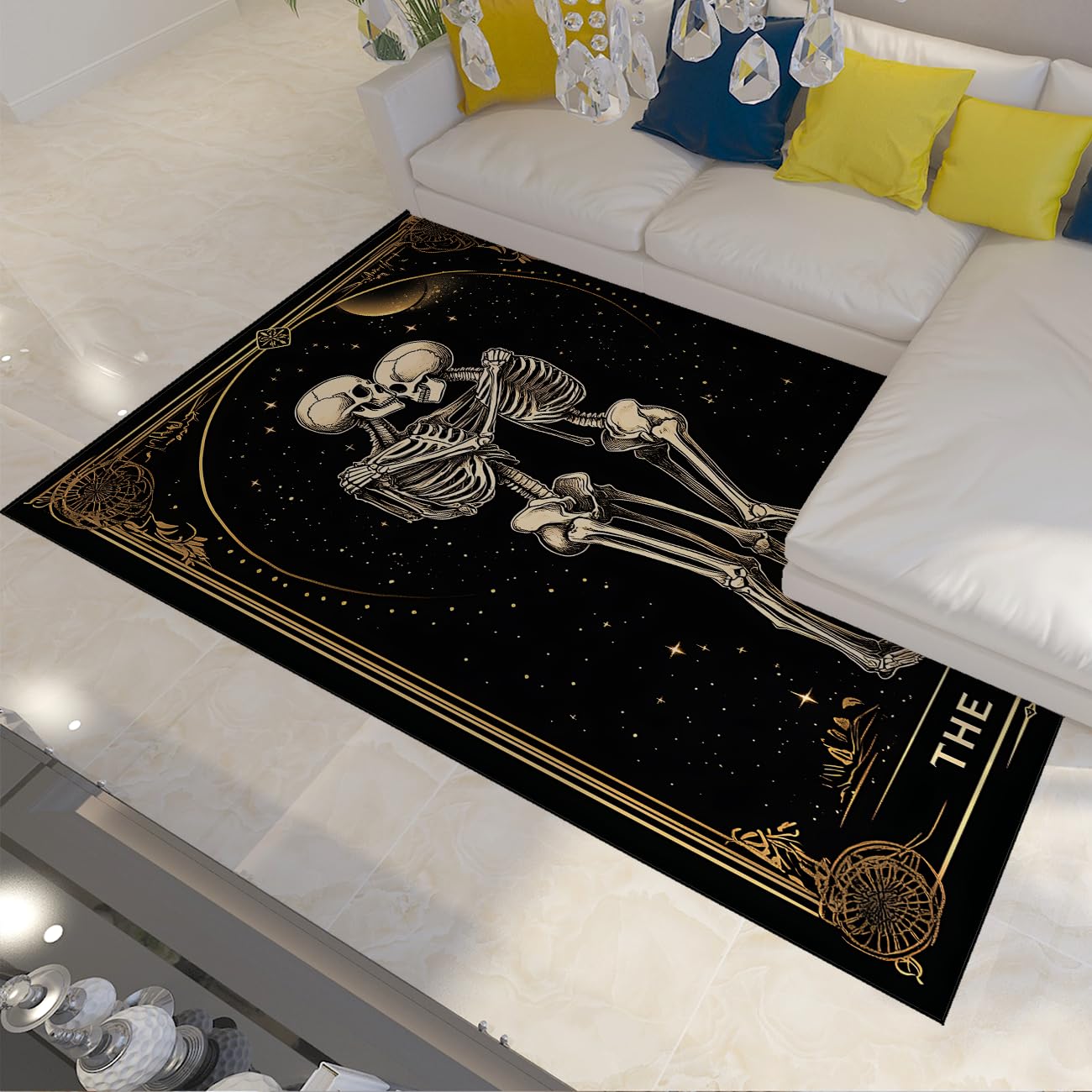 Tapis 80x150cm de couple squelette hippie noir ciel étoilé carpette nordique douce et résistante