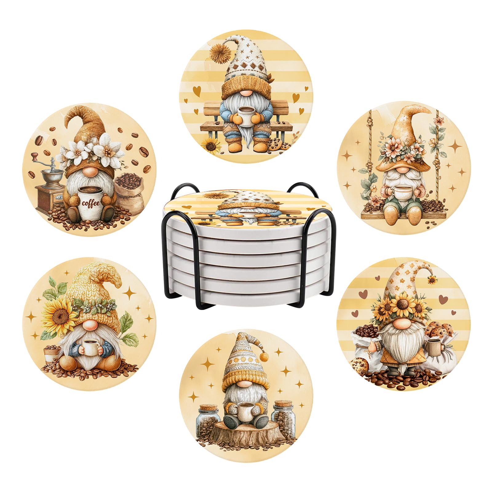 Dwarf-themed Ceramic Coasters, Set of 6 Drink Coasters, with Metal Holder, Absorbent Round Non-Slip Drink Mug Cup Coaster Housewarming Room Bar Fashion Decoration Gift