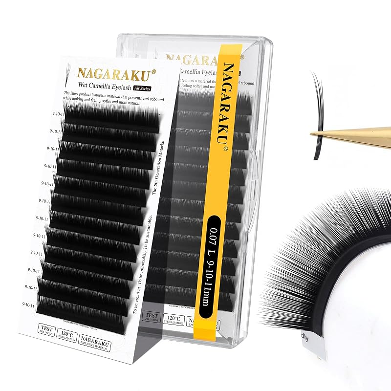 Extensões de cílios NAGARAKU Wet Camellia Mega Volume 0,07 mm, comprimentos 9–10–11