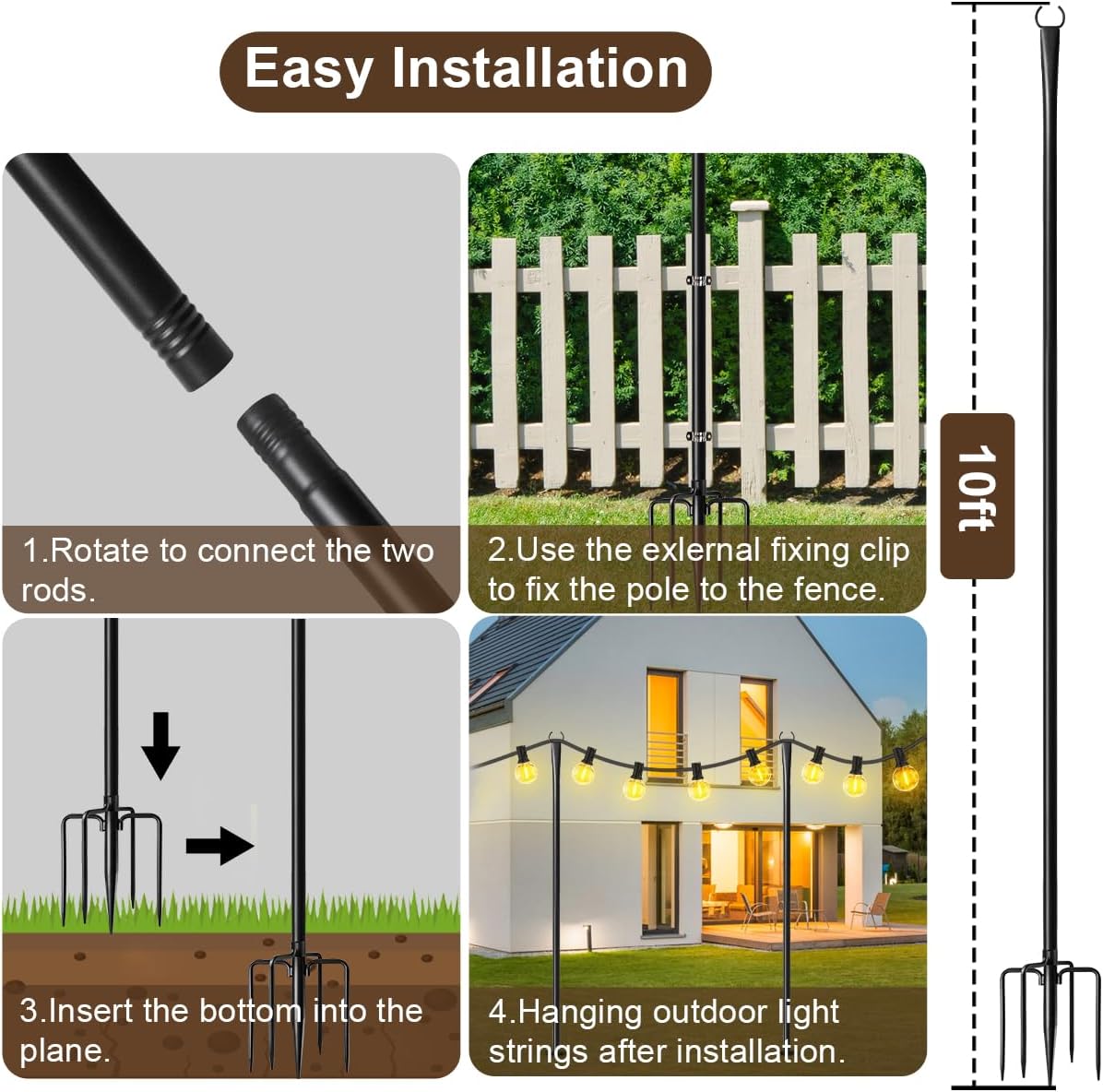 MuliVid 2 Pack 10FT Lighting Hanging Pole for Outside, Waterproof Hardened Metal Outdoor String Light Poles for Patio, Garden, Bistro, Wedding, Parties