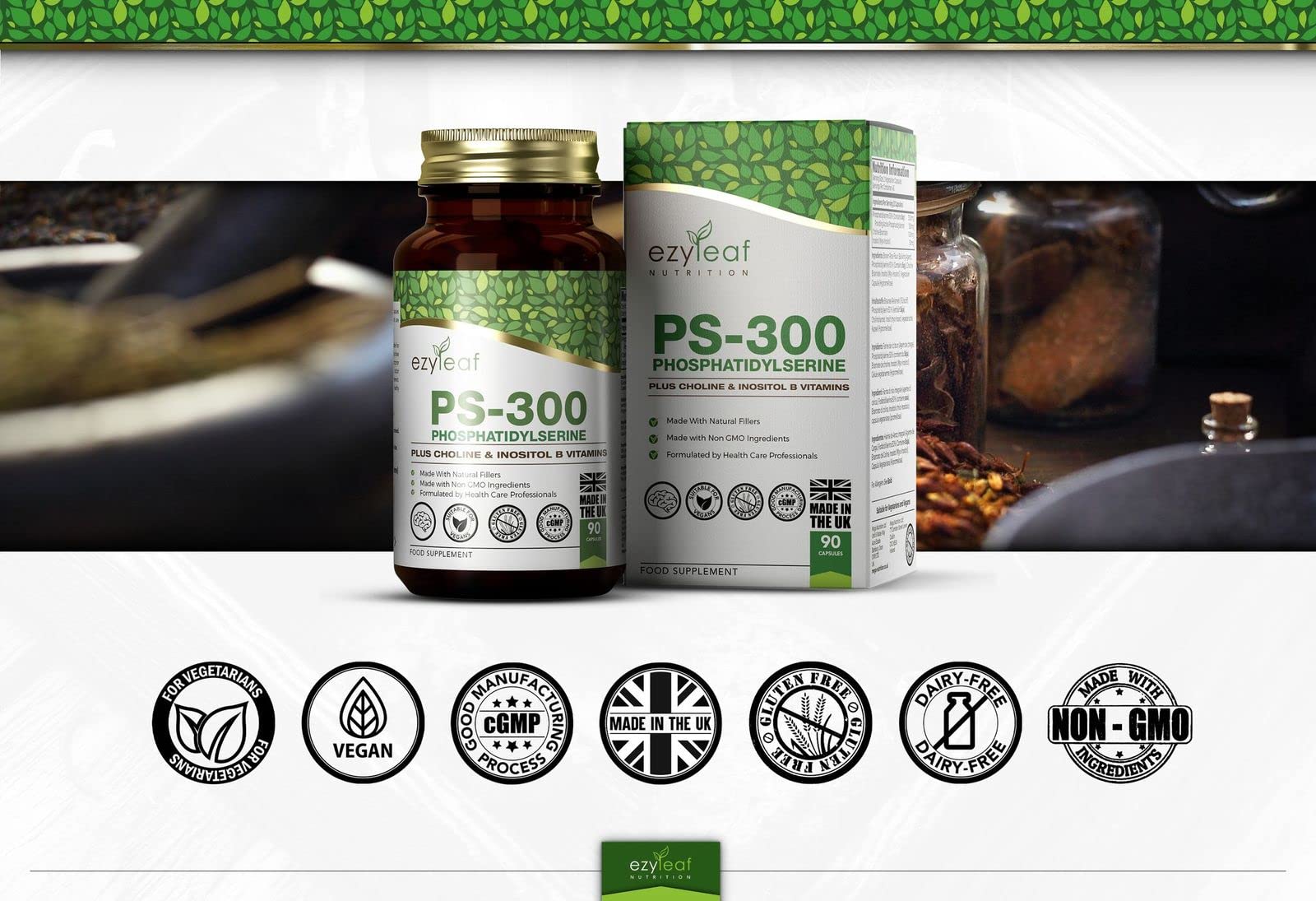 Ezyleaf Fosfatidilserina PS-300 con Bitartrato de Colina y Myo Inositol | 90 Cápsulas de Alta Potencia - Porción de 300mg | Fosfatidilserina y Colina | Sin OGM ni Gluten, Certificación ISO del RU