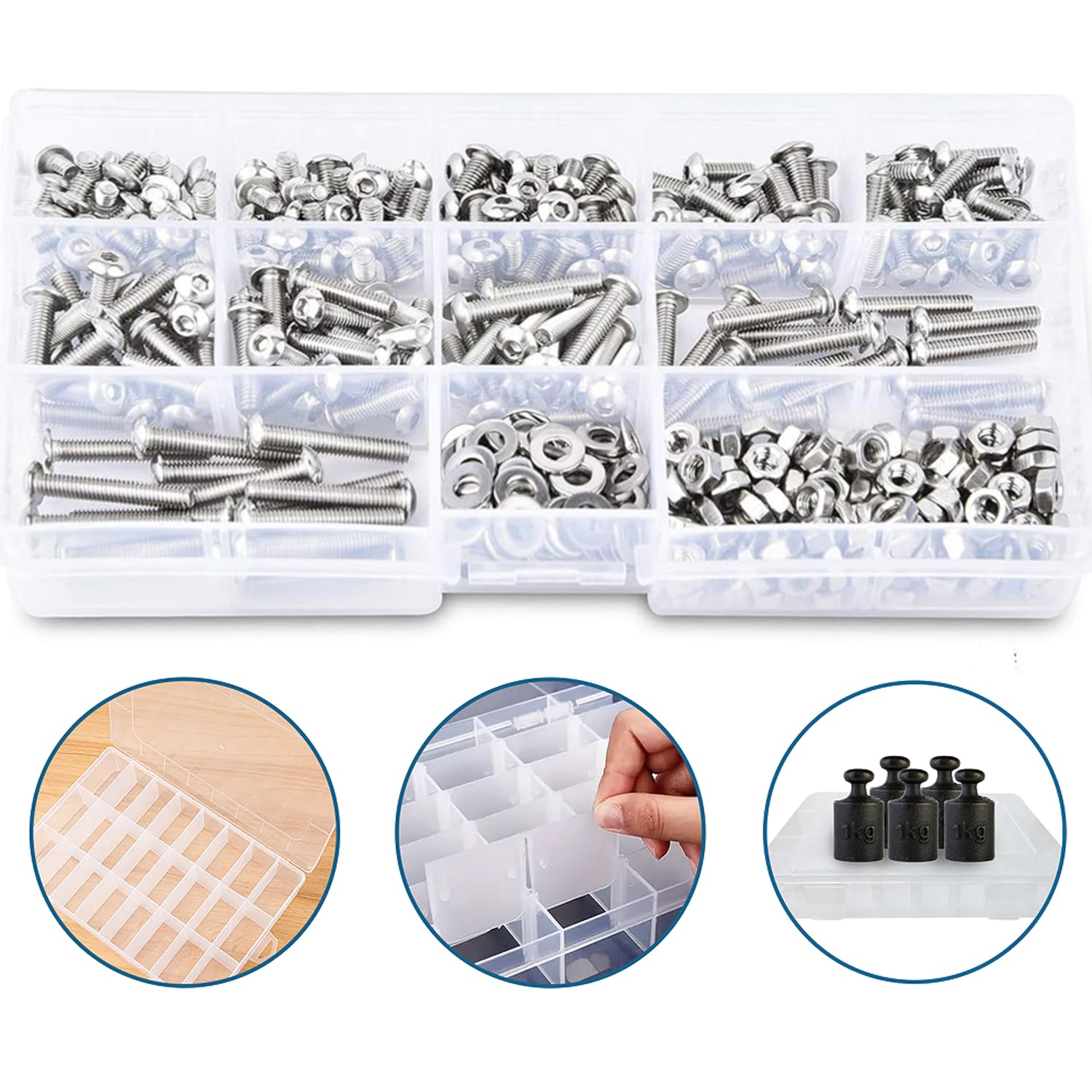 409 pcs Stainless Steel M4 Hex Button Head Socket Cap Bolt Assortment Kit/Screws, Nuts & Washers Set, M4 x 5/6/8/10/12/14/16/18/20/30mm, Reusable Storage Case with Adjustable Dividers