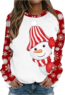 MUDUH Women's Christmas Top Cute Printed T-shirt Long Sleeve Blouse Casual Round Neck Sweatshirts Loose Comfortable Top Sweatshirts for Women with Hoodie