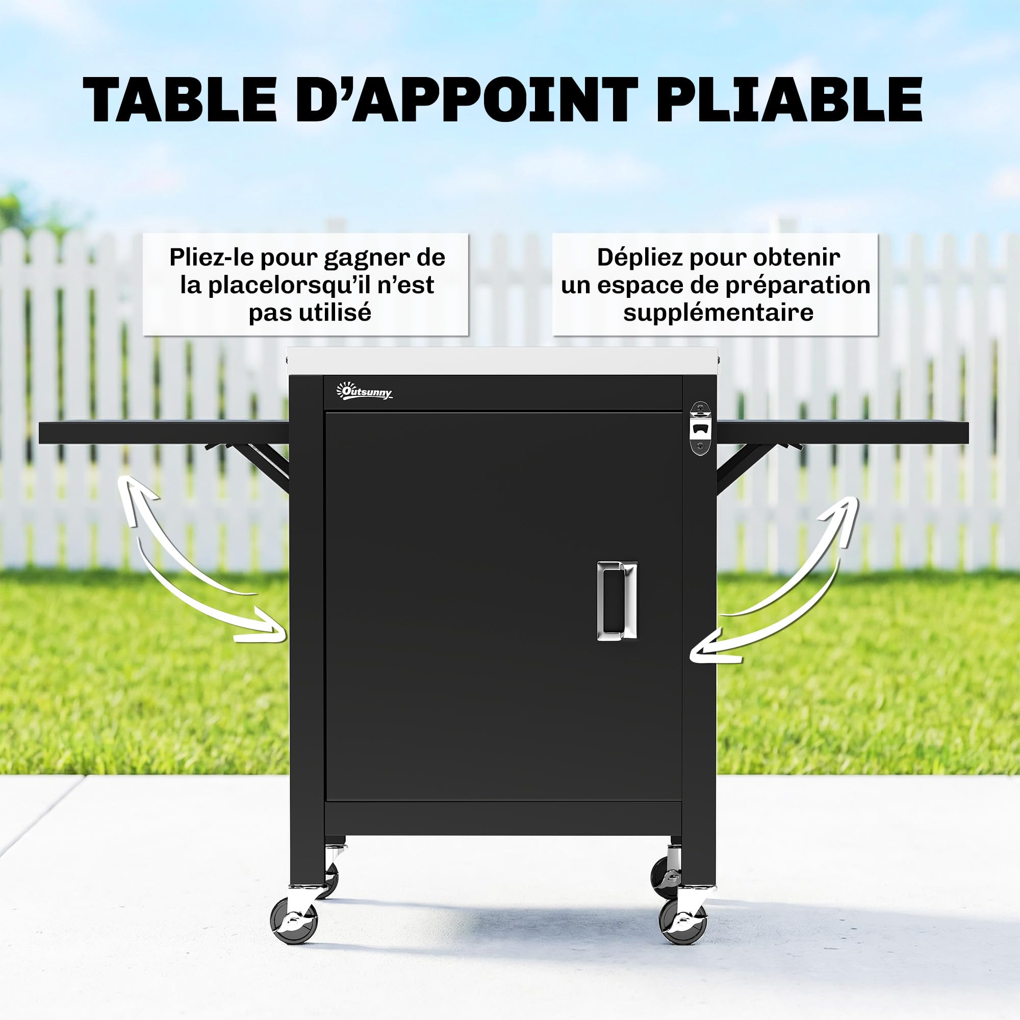 Outsunny Desserte jardin chariot de barbecue sur roulettes îlot de cuisine plateau en acier inoxydable placard Porte-Serviettes, Ouvre-Bouteille 140,5 x 68 x 89 cm Noir