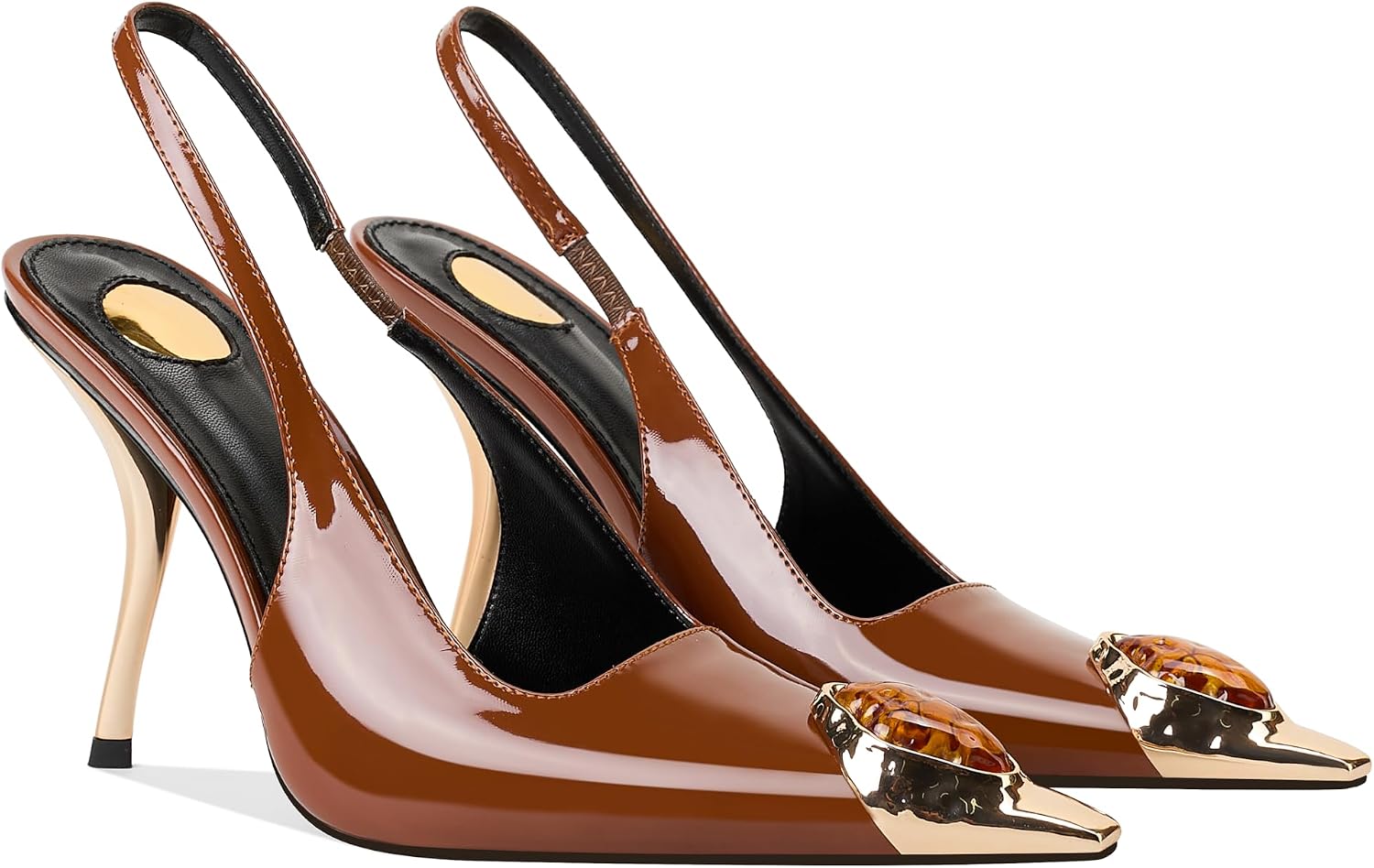Women's Slingback Stiletto High Heels Crystal Metallic Closed Pointed Toe Pumps Patent Leather Slip on Elastic Strap 4 inch Heeled Sandals Fashion Party Dress Shoes for Women