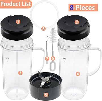 Blender Cups, Tall 22oz Cup with Flip-Top To-Go Lids & Cross Blade with Gasket, Mug with Handle Cups Replacement Compatible with Blender 250W MB1001