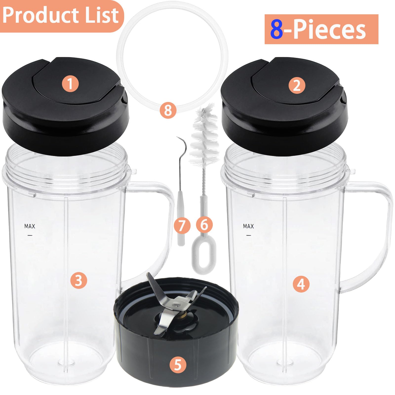 Magic Bullet Blender Cups, Tall 22oz Cup with Flip-Top To-Go Lids & Magic Bullet Cross Blade with Gasket, Mug with Handle Magic Bullet Cups Replacement Compatible with Magic Bullet Blender 250W MB1001