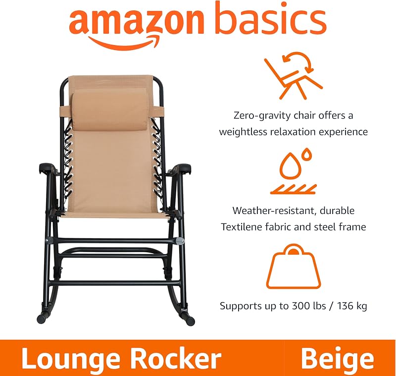 Amazon Basics Outdoor Portable Folding Rocking Chair with Headrest, Ergonomic Design, Weather-resistant Patio Reclining Lounge Chair for Porch, 33.6 x 37.4 x 26 inch, Beige image 4