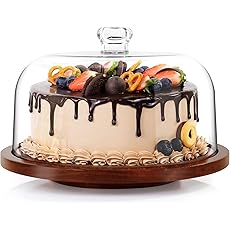 Rotating Cake Stand with Clear Acrylic Dome Lid, Turntable Base, Display Server Tray for Kitchen,Birthday Parties,Weddings,Baking Gifts,Acacia Wood Lazy Susan with Cover