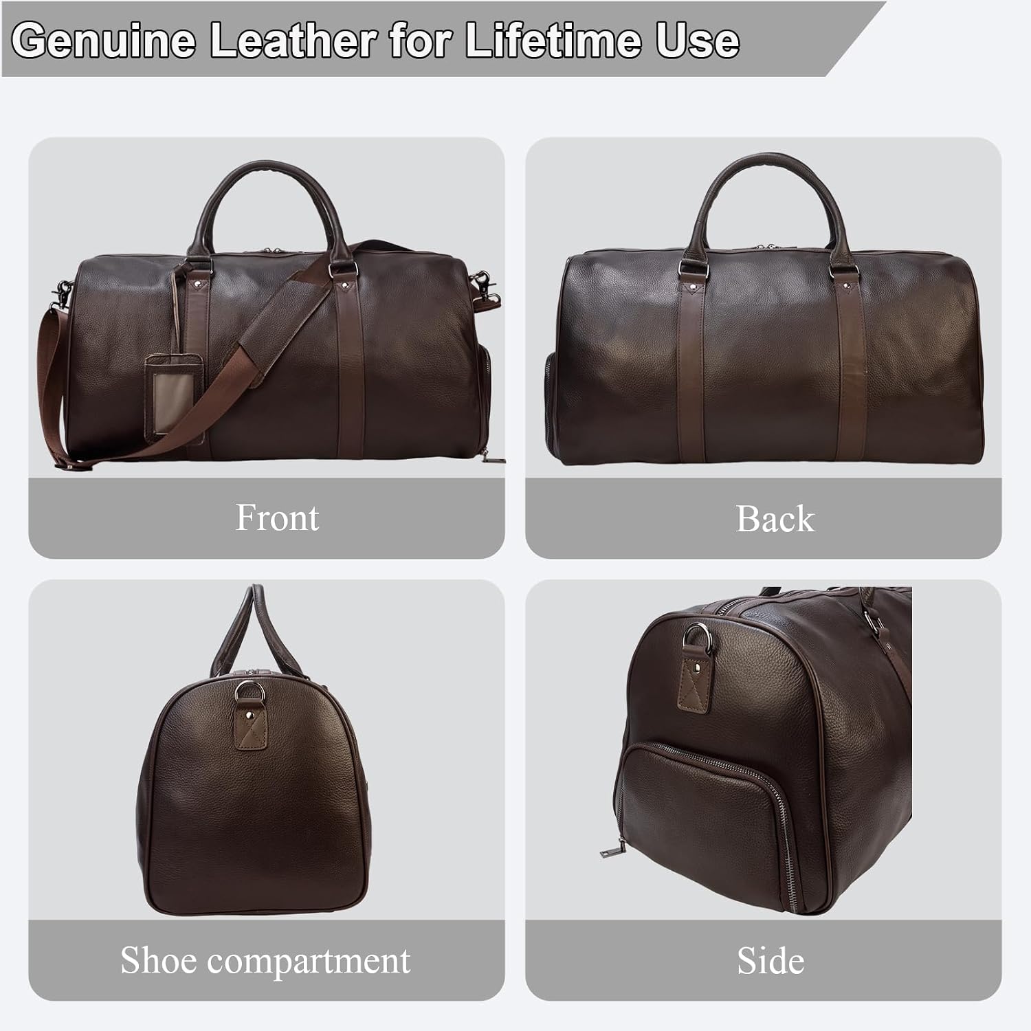 Genuine Leather Duffel Bag for Men & Women, Cabin Friendly Carry-On Weekender Bag for Gym Travel Overnight Trips, Brown