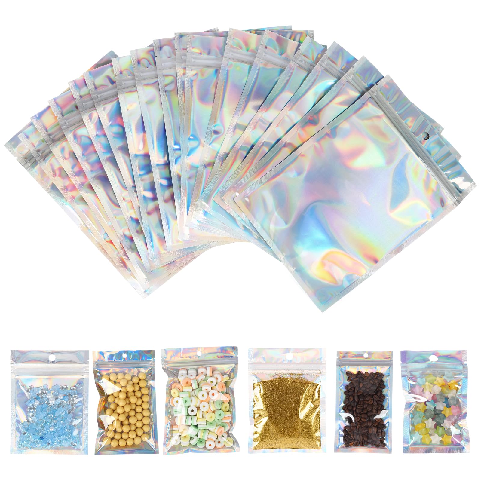 Thlo Inc Holographic 100Pack Mylar Bags, Resealable For Cali Pack,Small Foil Ziplock Bags,Airtight, Smell Proof & Waterproof Food Storage For Candy, Coffee, Snacks-10X18cm (3.9X7.1inch)