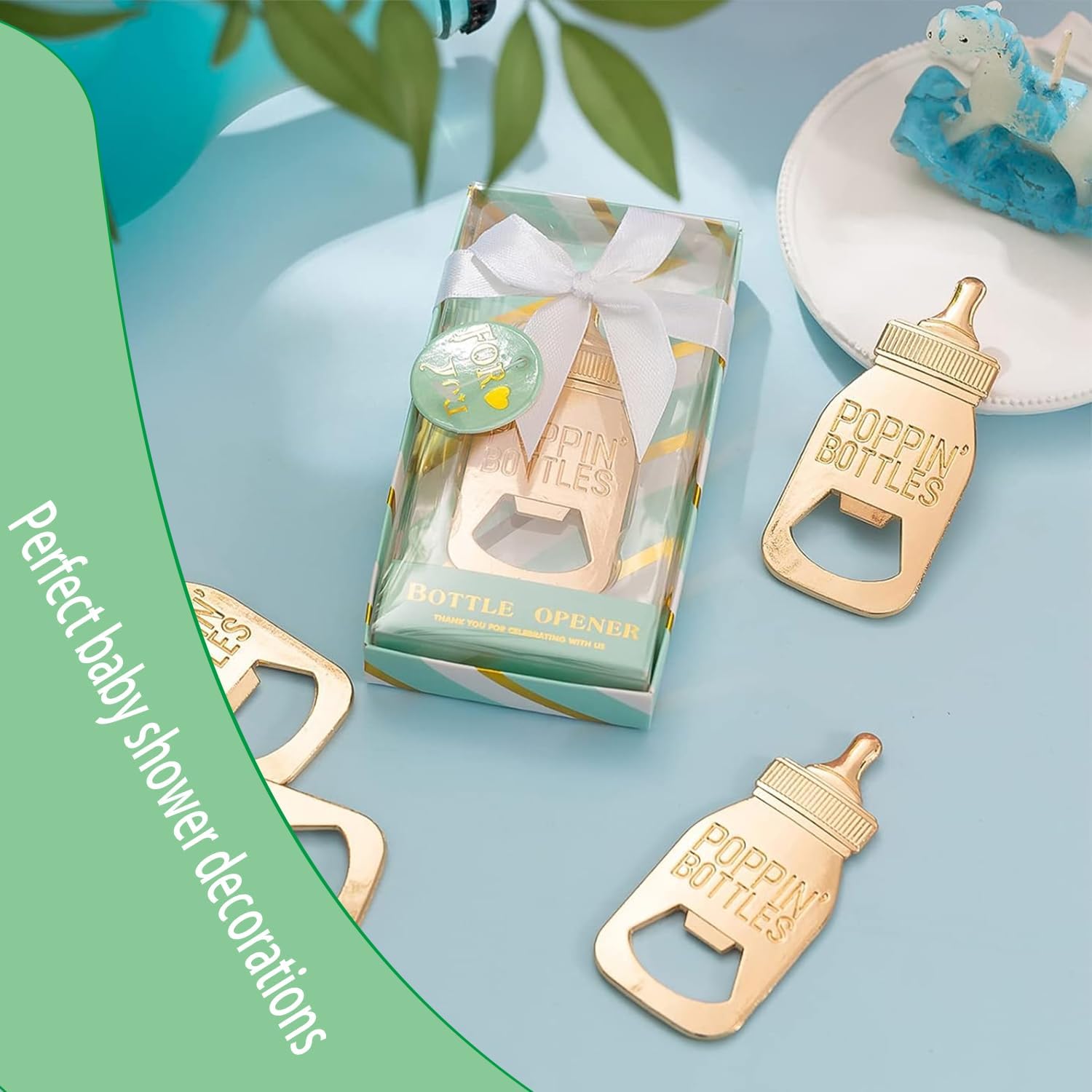 Pack of 24 Bottle Openers Baby Shower Favors, Gifts, Decorations, or Souvenir for Guest With Gift Boxes, Poppin Bottle Design for Baby Boys or Girls (Green)