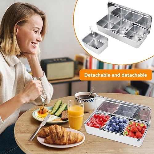 Miniatura 2 de Recipientes de condimentos con cuchara y tapa, 3 rejillas de acero inoxidable, juego de recipientes de sal de azúcar, especias, sal, pimienta,
