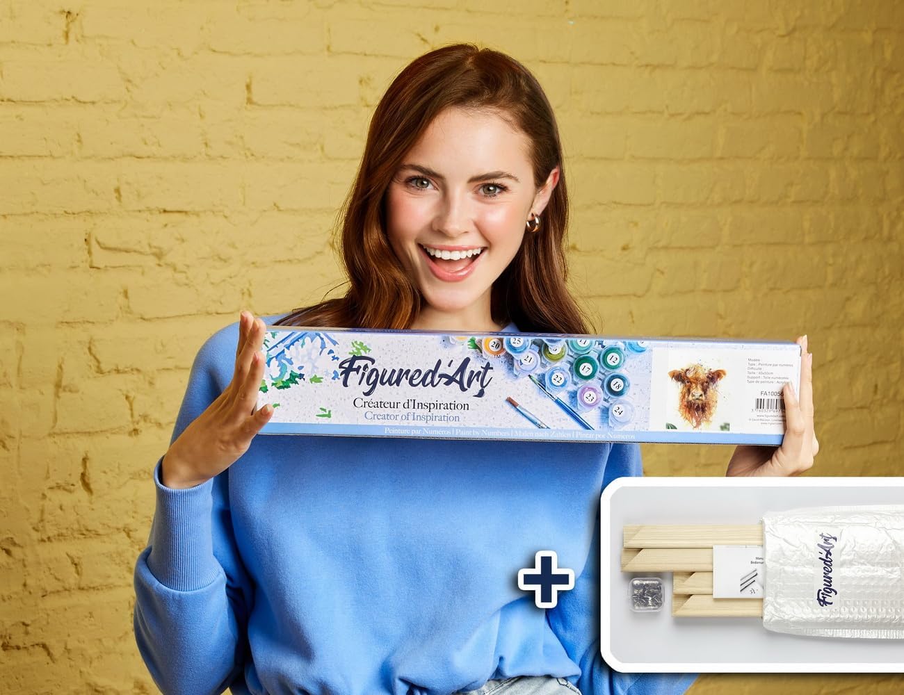 Figured'Art Paint by Numbers Kit for Adults Yellow Cow 16"x20" - Craft Art Painting Rolled Canvas with DIY Wooden Frame