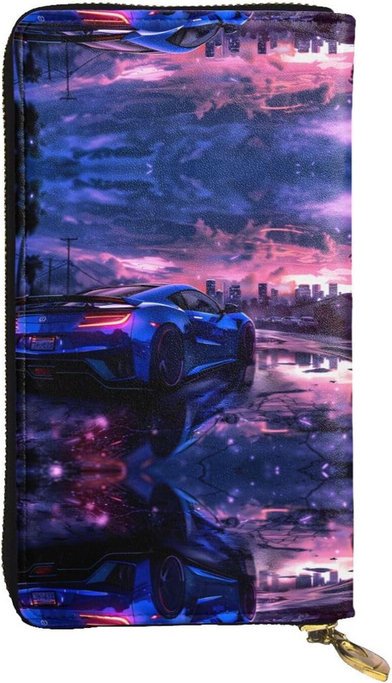 Supercar In Future Sunset printing Women's leather long handheld wallet large capacity credit card zipper bag