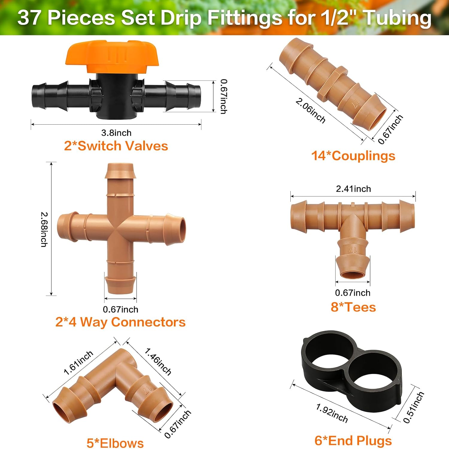Drip Irrigation Fittings Kit for 1/2" Tubing, 37 Pieces 1/2 Inch Drip Line Connectors for Drip Sprinkler Systems - 14 Couplings, 8 Tees, 6 End Caps, 5 Elbows, 2 cross connectors and 2 drip valves image 2