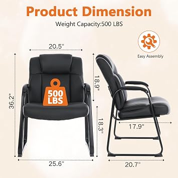 CLATINA Big and Tall Office Chair Set of 2 500lbs Leather Reception Chair with Bonded Padded Armrest Wide Seat Sled Base Desk Chair No Wheels for Reception Conference Waiting Room Side Office, Black