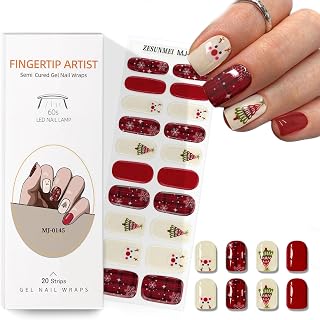 Semi Cured Gel Nail Strips with Christmas tree Gold Designs Red Glitter Gel nail strips Need UV/LED Light Salon Quality & Easy to Use for Women 20 Pcs