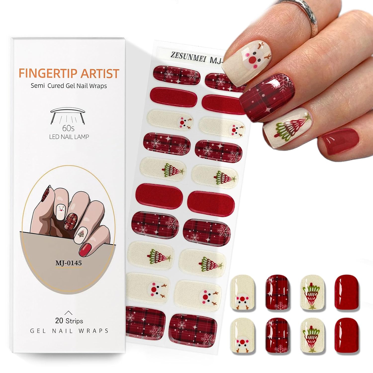 Semi Cured Gel Nail Strips with Christmas tree Gold Designs Red Glitter Gel nail strips Need UV/LED Light Salon Quality & Easy to Use for Women 20 Pcs