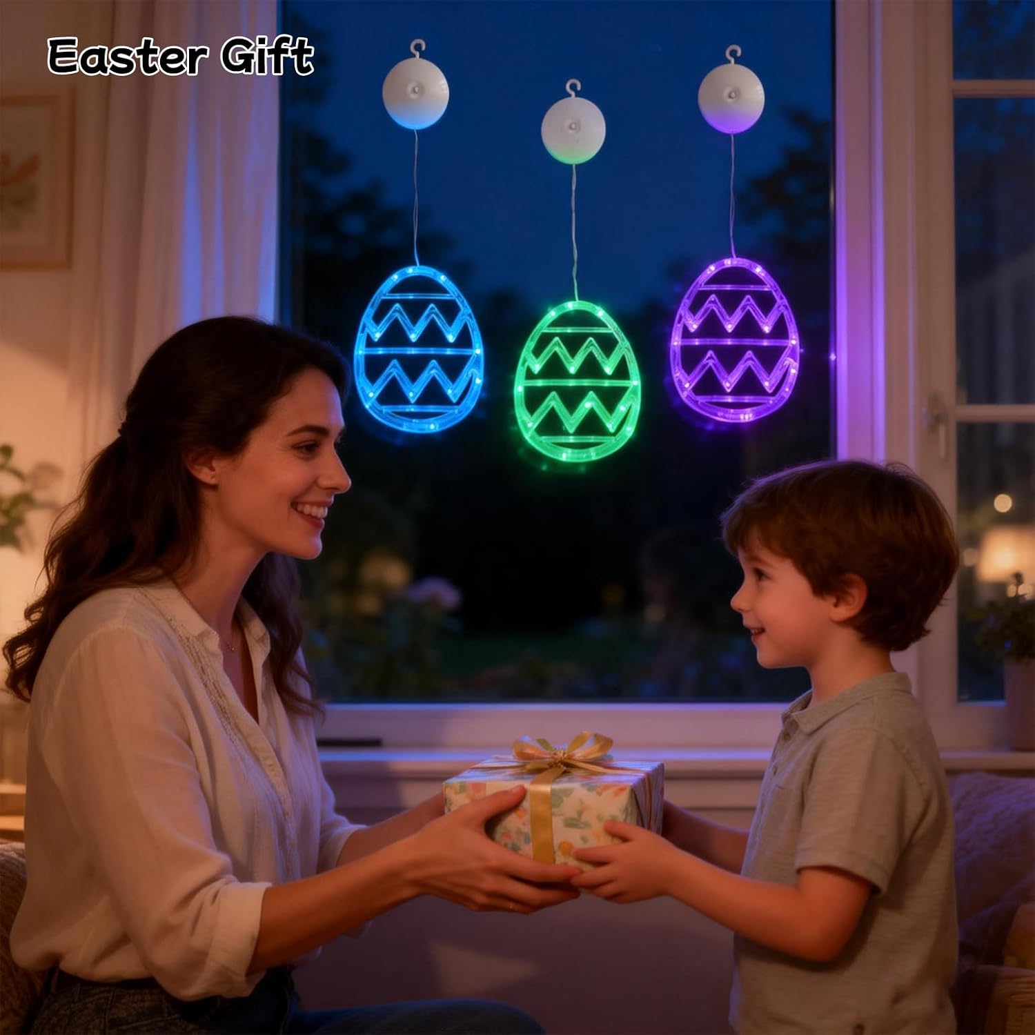 Easter Window Lights Decorations, 3 Pack Easter Hanging Window Decor Purple Green Blue Egg Lights with Suction Cup, Indoor Battery Operated Egg LED Holiday Lamp for Door Window (Purple Green Blue)