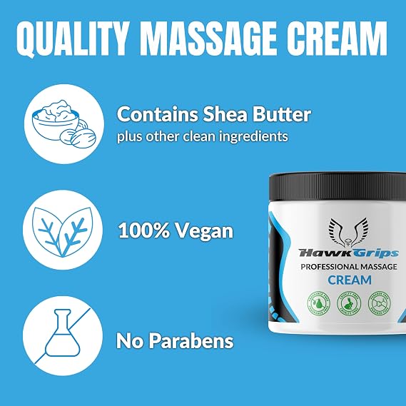HawkGrips Professional Massage Cream, 8oz, Unscented with Shea Butter, Muscle and Body Moisturizing, Safe & Clean Ingredients, Non-Greasy, Non-Staining, Whole Body Use - Neck, Back, Foot, Deep Tissue