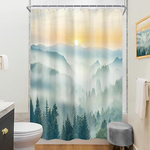 Miniatura 10 de Riyidecor Cortina de ducha brumosa, 60 pulgadas de ancho x 72 pulgadas de alto, paisaje rústico de montaña brumosa, paisaje de parque nacional,