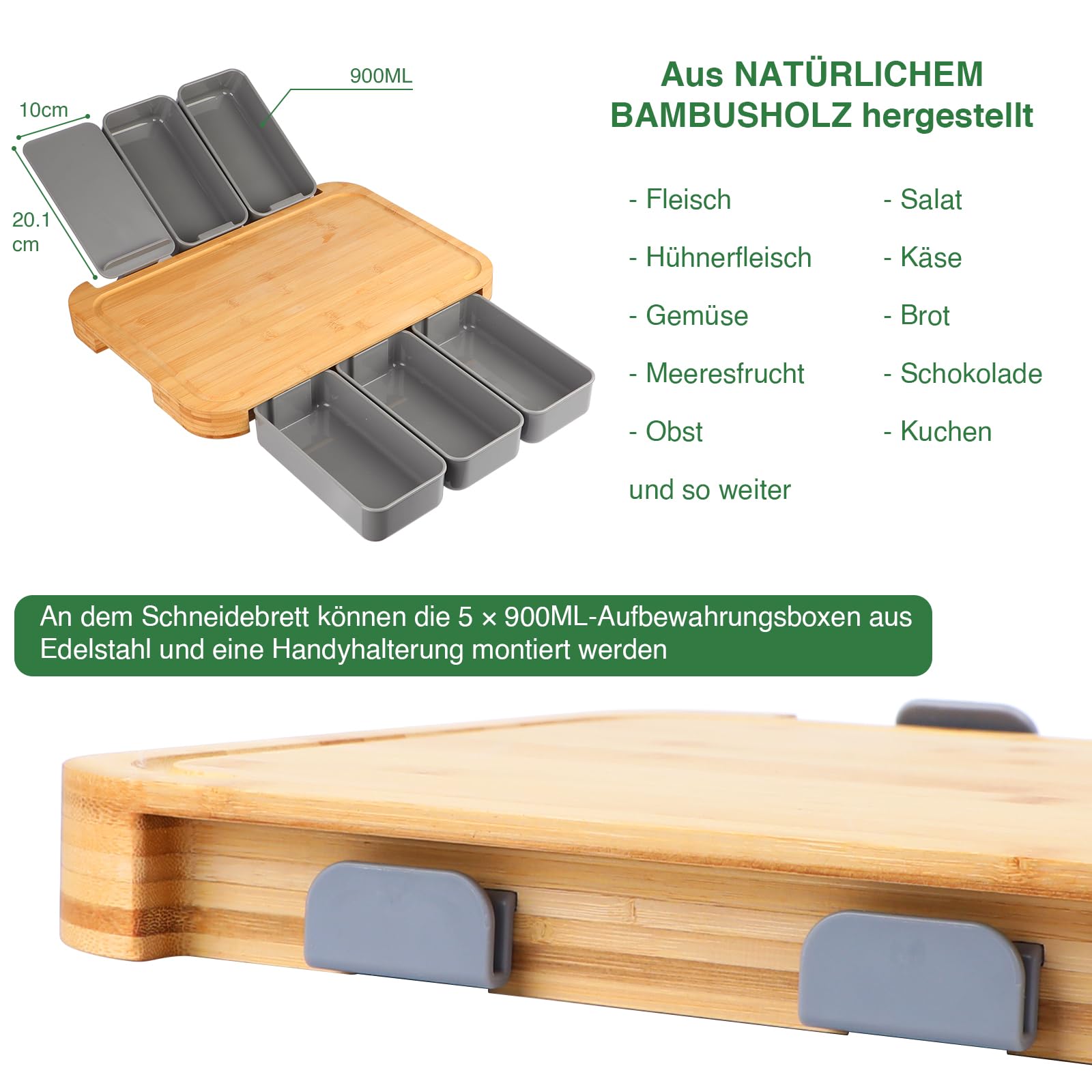 WELTRXE Bambus-Schneidebrett mit Behältern, XXL großes Holz-Schneidebrett 7er-Set (ein 42 x 31 x 3,7 cm Brett + 5 Kunststoffbehälter mit Deckel + 1 Smartphone-Halterung)