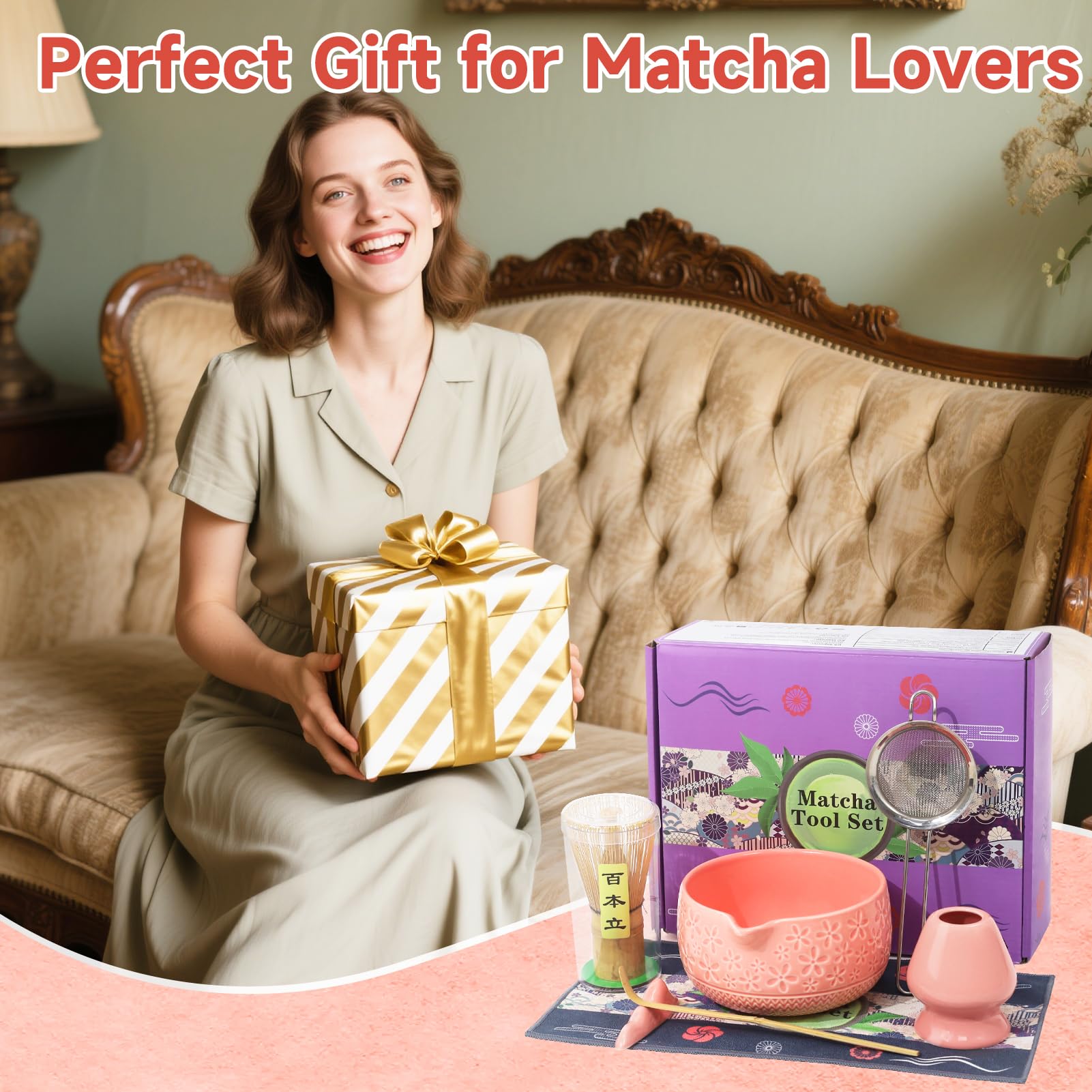 Kit Te Matcha de Cerámica 7 Piezas, Matcha Set con Cuenco de Matcha, Cuchara, Colador, Batidor, Portacucharasy Soporte para la Batidora, Kit Matcha Completo, Regalo para Navidad y Cumpleaños