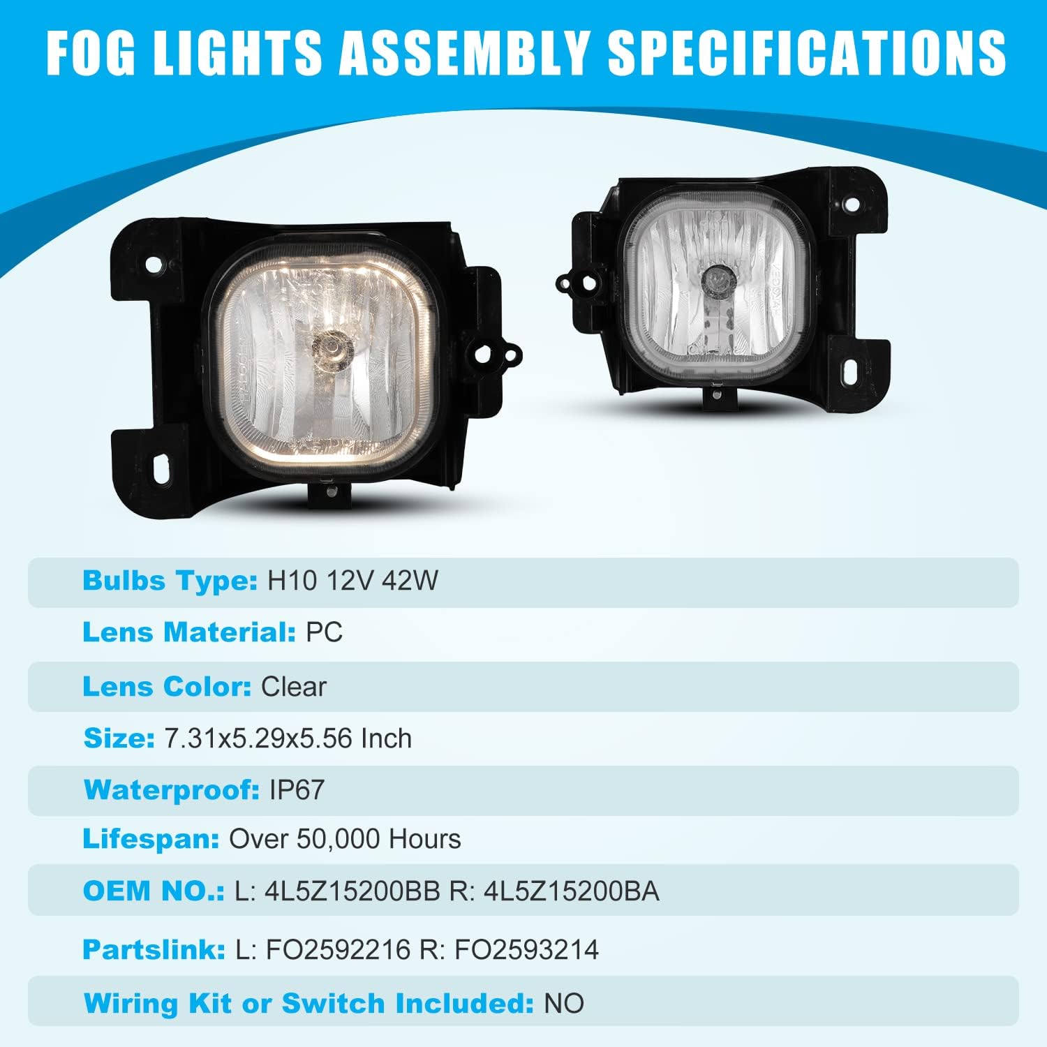 CPW Fog Lights Assembly Compatible with [2004-2005 Ford Ranger] Driving Fog Lights Replacement Fog Light Clear Lens
