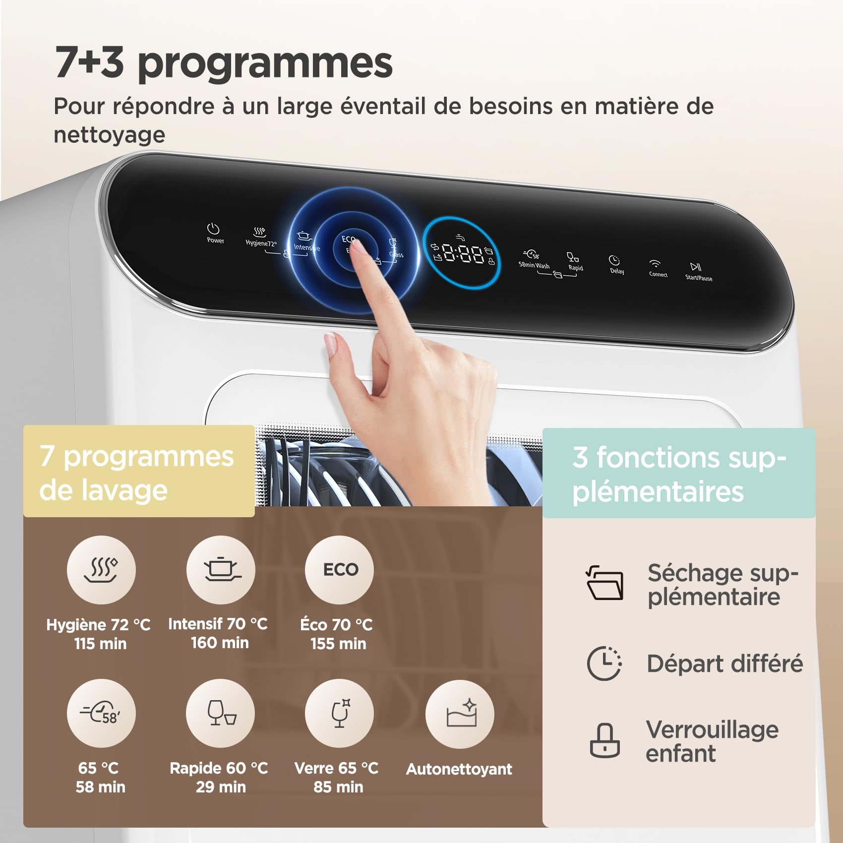 COMFEE' MFD42S110W-IT Mini Lave-vaisselle de Table Compact, 3 Couverts, 7 Programmes, Commande Tactile, Écran LED, 72°C Lavage Hygiénique, 24h Démarrage Différé, Ouverture Automatique, blanc
