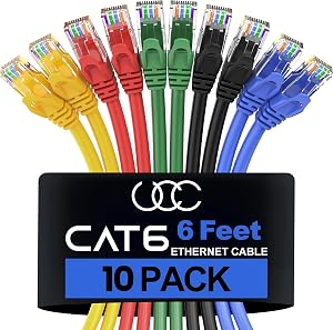Ultra Clarity Cables Cat 6 Ethernet Cable 6 Ft (10 Pack), Cat6 Patch Cable, High Speed 10Gbps 500Mhz Ethernet Cable Network Cord, RJ45 LAN Internet Cable for Computer Modem Router PS4/5 Xbox 5 Colors