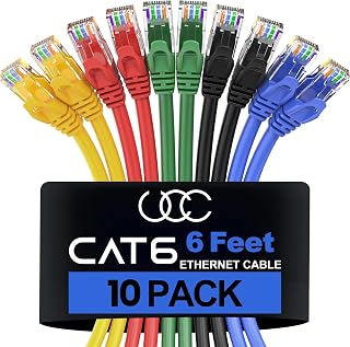 Ultra Clarity Cables Cat6 Ethernet Cable 6ft 10-Pack - 10Gbps 500MHz High-Speed RJ45 Network Cord, 5 Colors for Router Modem PS5 Xbox