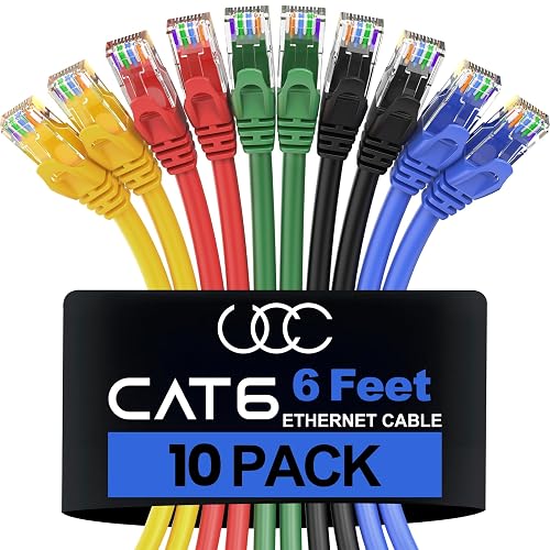 Ultra Clarity Cables Cat 6 Ethernet Cable 6 Feet, 10 Pack, 5 Colors | Cat6 Patch Cable, High Speed 10Gbps 500Mhz, RJ45 LAN Internet Cable, For Computer Modem Router PS4/5