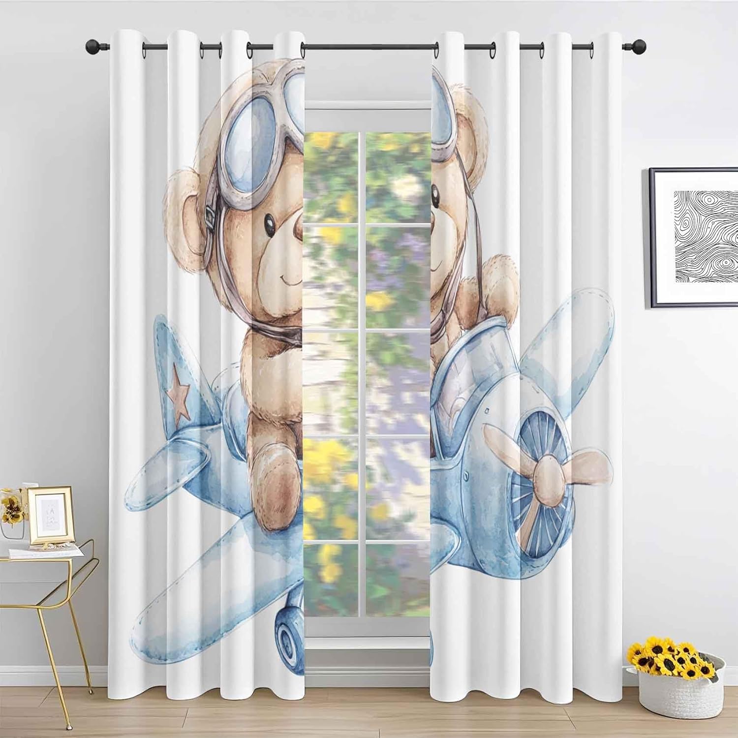 Cute Teddy Bear Curtains for Nursery Bedroom 39 Inch Length 2 Panels, Cartoon Airplane Kids Blackout Curtains, Thermal Insulated Grommet Window Curtain for Living Room Drapes
