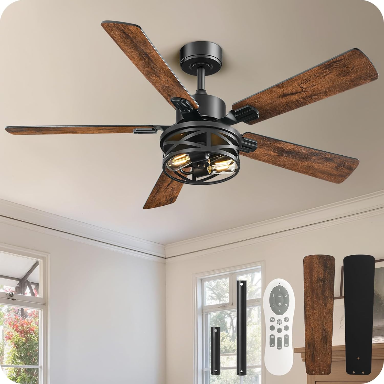 52 Inch Farmhouse Ceiling Fan with Lights and Remote, Timer, Dual Finish 5 Blades (Walnut and Black), 6 Speeds, Reversible DC Motor, Rustic & Industrial Caged Ceiling Fan for Bedroom ZB01CF05
