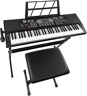 61 Keyboard Piano Tasten mit Ständer & Hocker, Digital Keyboard für Anfänger mit Tablet-/Notenablage, Mikrofon, 300 Klänge, 3 Lernmodi für Anfänger