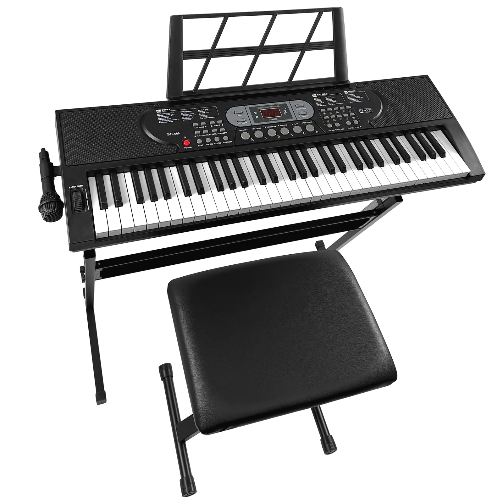 Digital Piano 61 Tasten E-Piano mit Leuchttasten & Hocker | 61 Tasten Lern-Keyboard mit Leuchttasten & USB / AUX Anschluss. Inkl. Ständer, Bank, Mikrofons & Schutzhülle für Einsteiger.