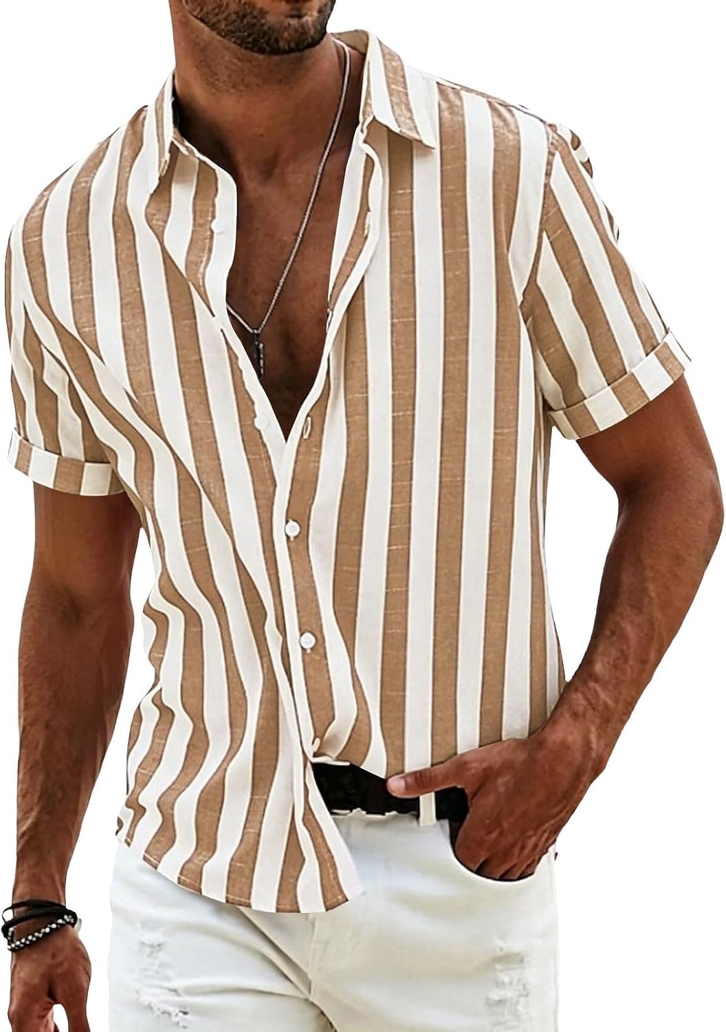 Beach Shirts for Men Stripe 3/4 Sleeve Shirt Cotton Linen Lightweight Summer Tops Button Down Blouse Casual Shirts