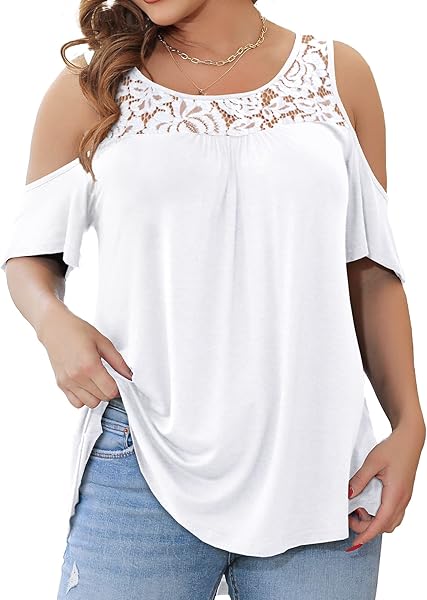 Plusashion Damen Plus Size Tunika Cold Shoulder