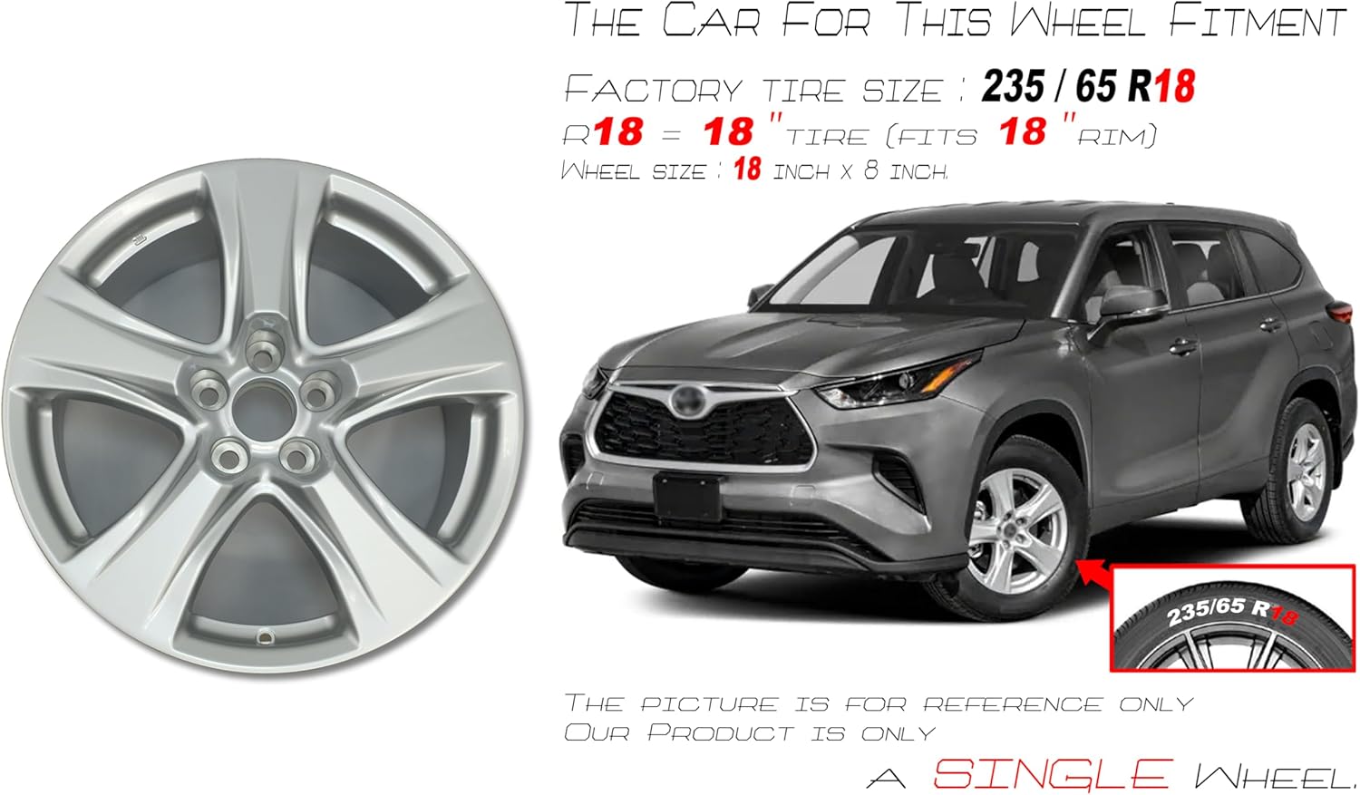 New Single 18" 18x8 Inch Alloy Wheel for 2020–2023 Toyota Highlander | OEM Design Replacement Rim | Silver Finish | Direct Fit - OE Stock Specs | 75263 426110E510