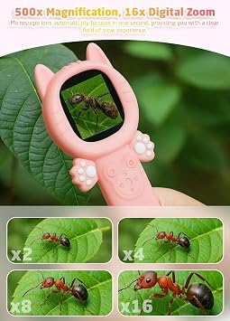 PHNIXGAM Microscope for Kids, Mini Pocket Handheld Kid Microscope for Toddlers, Educational Science Kit Digital Toy, Christmas Birthday Gifts Toys for 3+ Years Old Girls Boys, Pink Cat
