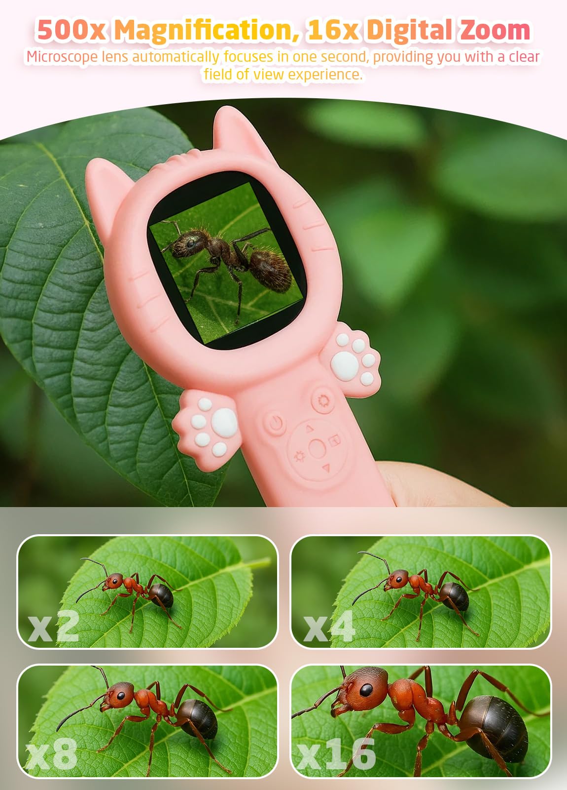 PHNIXGAM Mikroskop für Kinder, Mini Pocket Handheld Kid Mikroskop für Kleinkinder, Bildungswissenschaft Kit Digital Spielzeug, Weihnachten Geburtstag Geschenke Spielzeug für 3+ Jahre alte Mädchen für