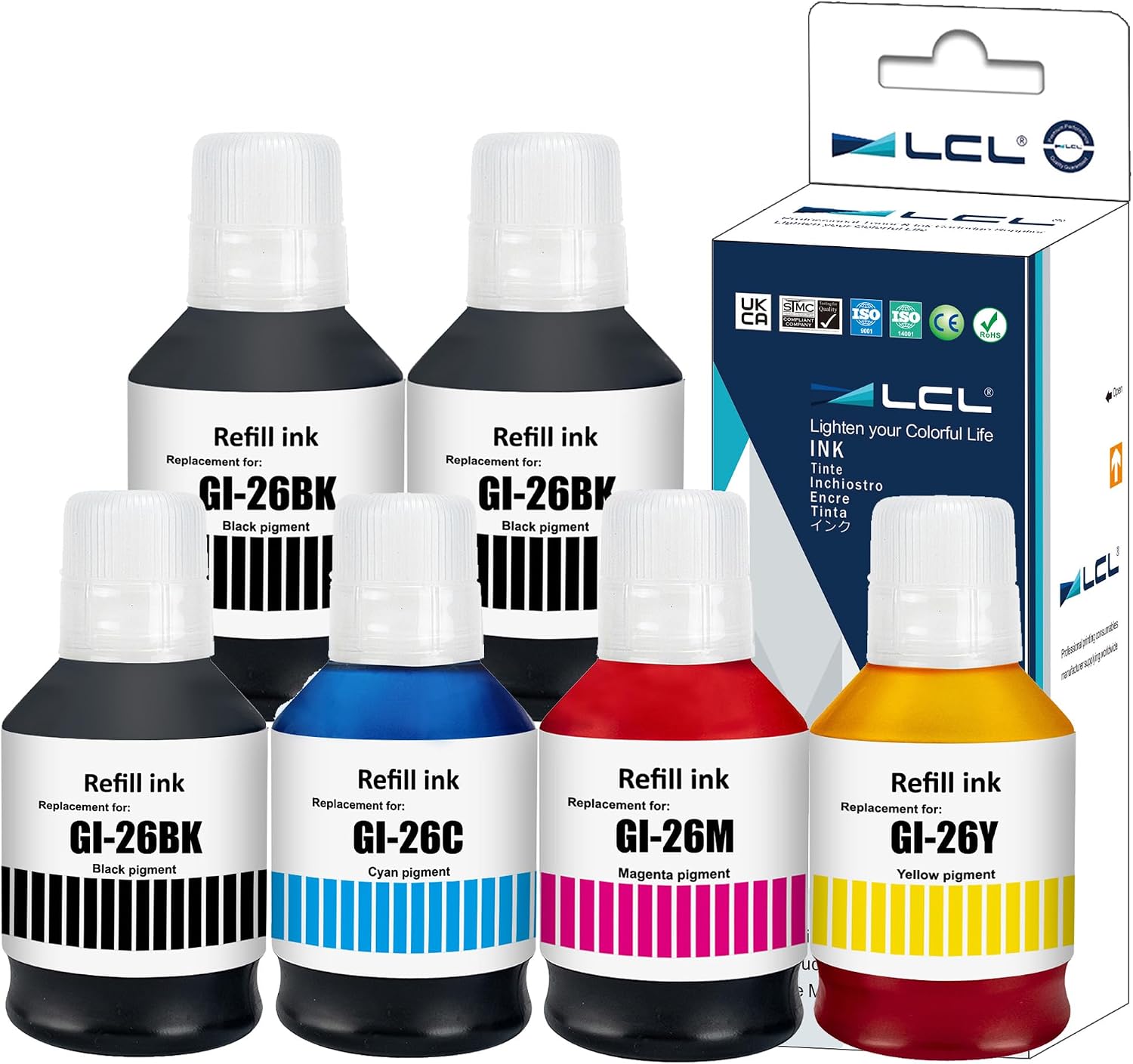 LCL GI-26 GI26 Ink Refill Bottles 2-Pack Black Bundle with 4 Colors Set Replacement for Canon MAXIFY GX7021 GX6021 GX7020 GX6020 GX5020 GX4020 GX3020 Printer