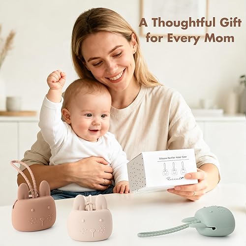 Miniatura 6 de Funda de silicona para chupetes con diseño de conejito con correa de silicona suave, almacenamiento de viaje para cochecito y bolsa de pañales